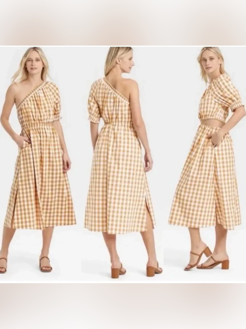 Who What Wear One-Shoulder Gingham Midi Dress in Tan and White size:L
